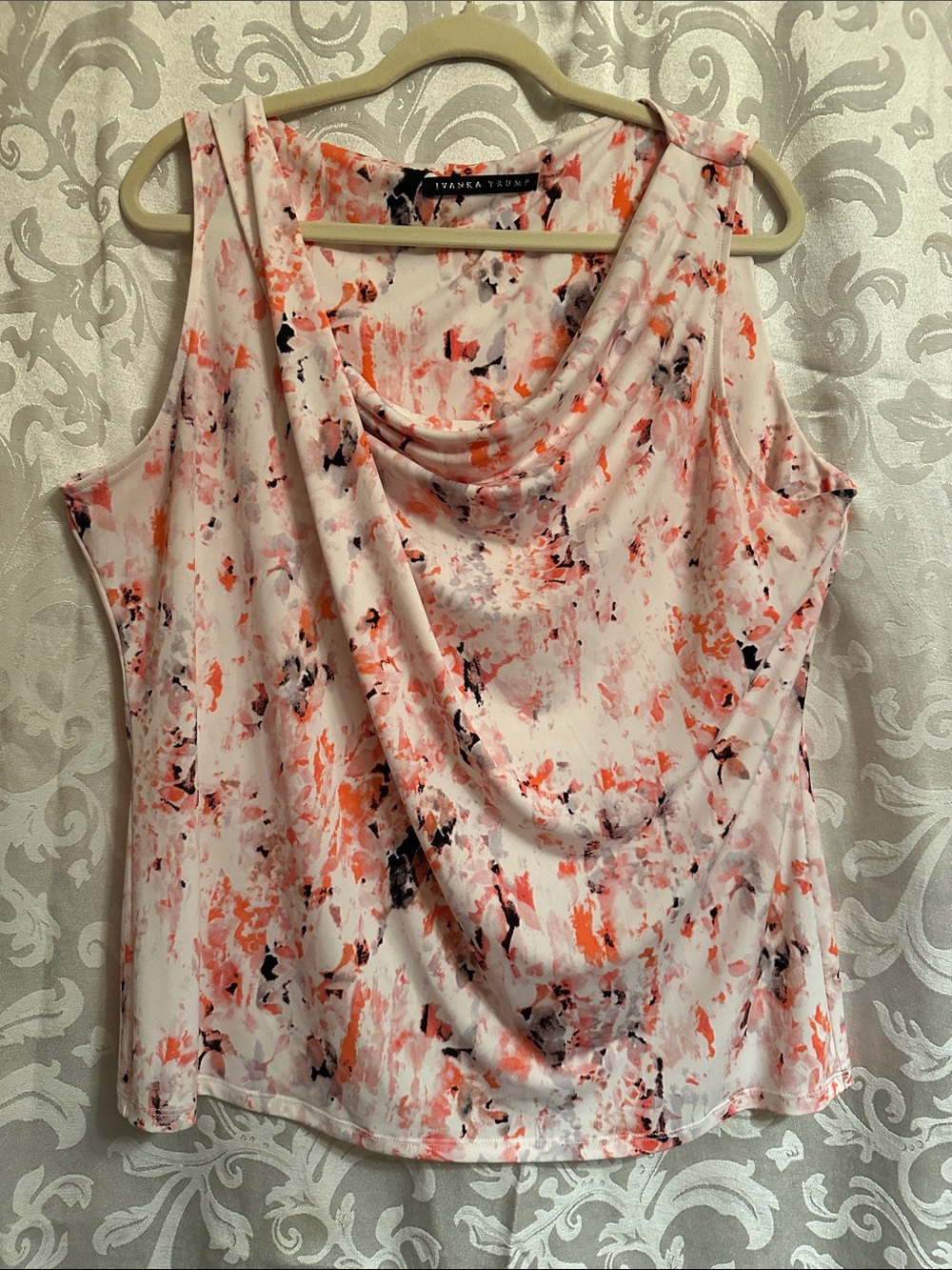 Ivanka Trump White Pink Abstract Cowl-Neck Sleeveless Top